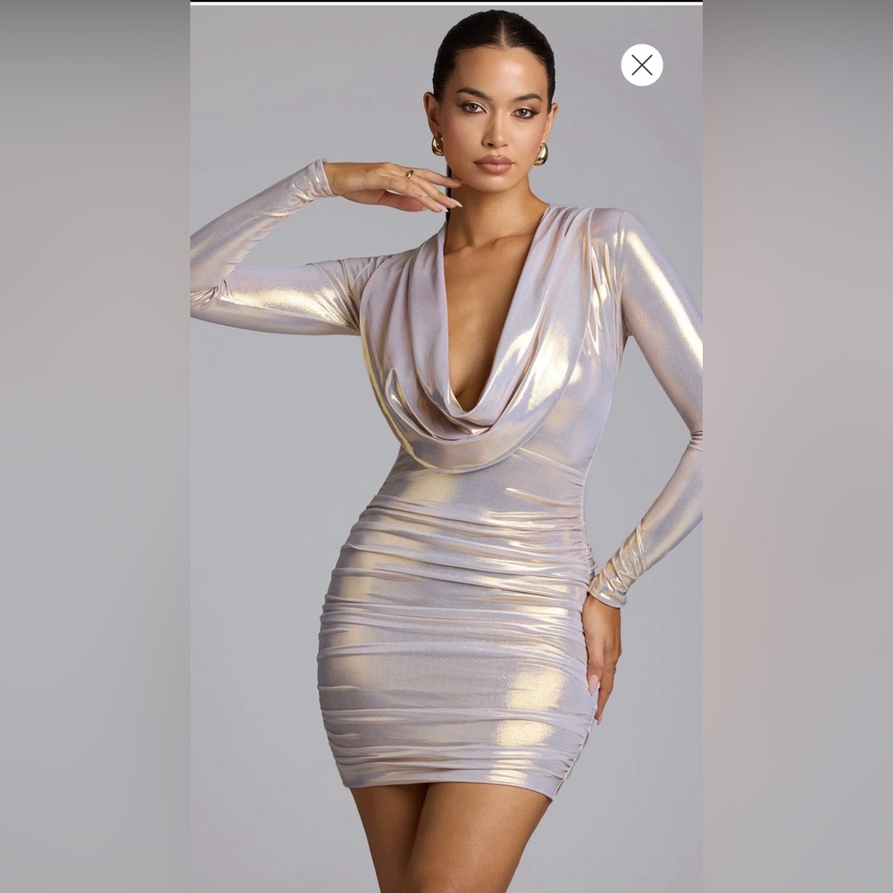 Long Sleeve Metallic Jersey Mini Dress in Light Gold